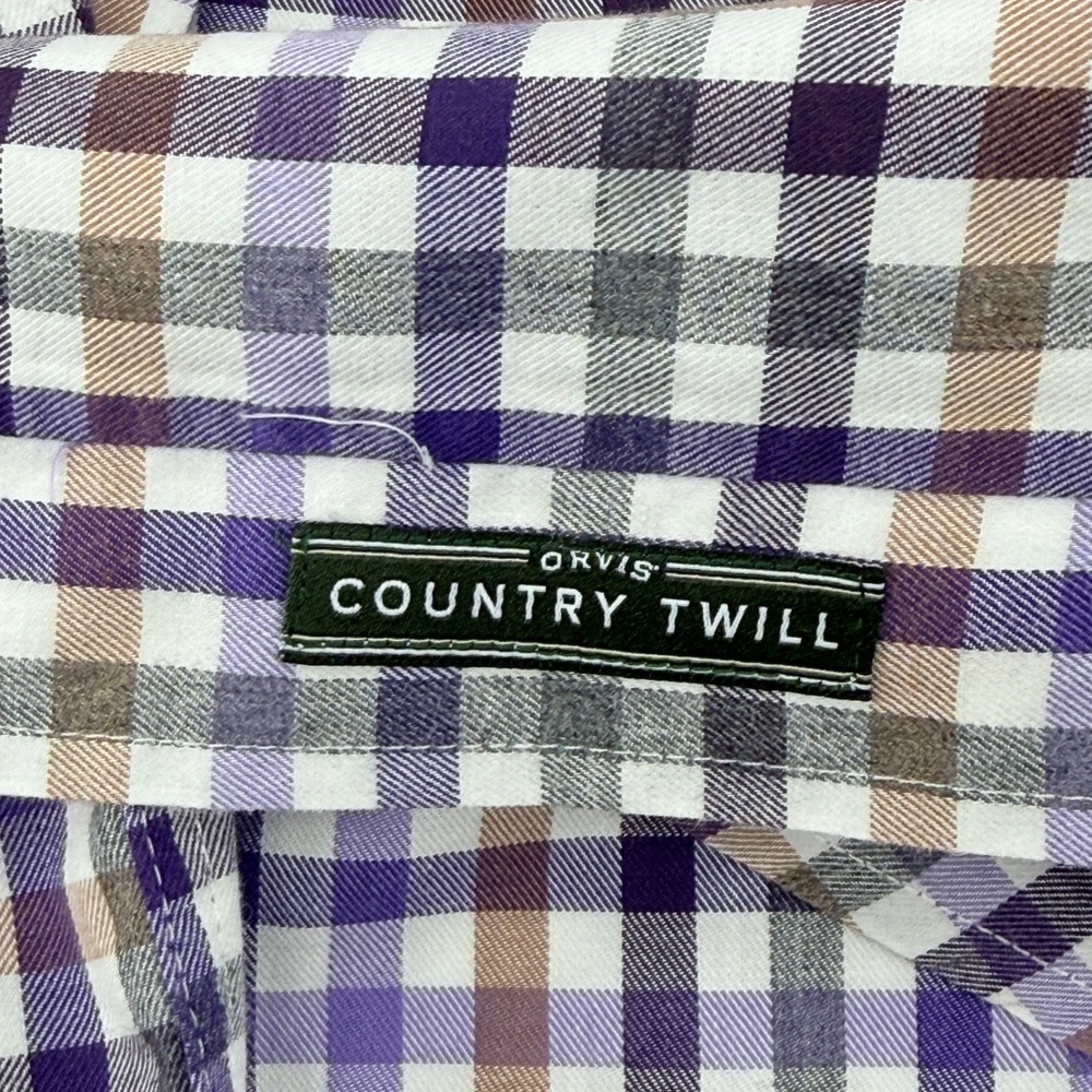 Orvis Country Twill Plaid Button Down Shirt Mens Large Purple Tan Made Portugal - Picture 6 of 16
